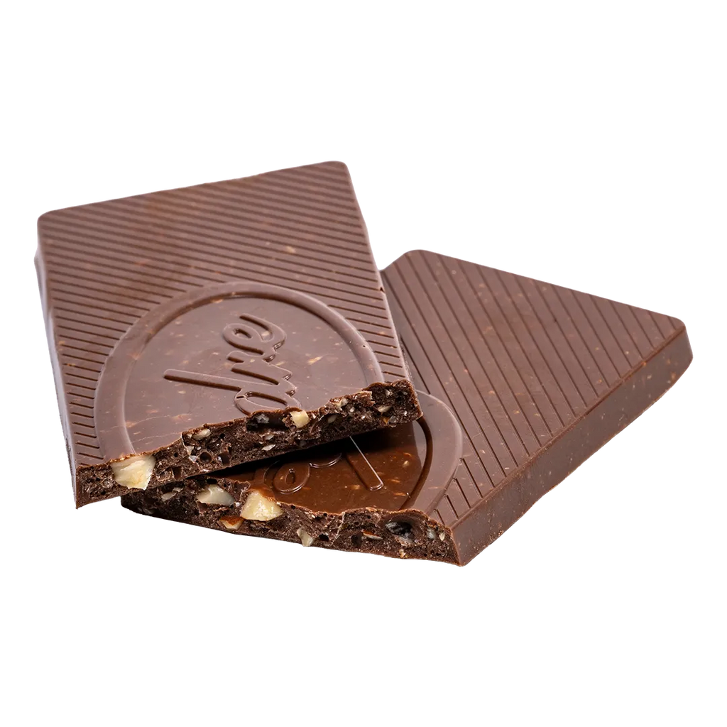 Unwrapped Bedré Fine Chocolate Milk Chocolate Almond Bar, broken to show almond pieces