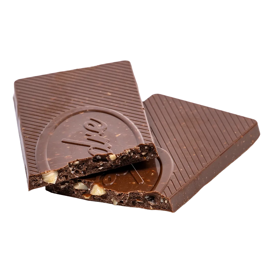 Unwrapped Bedré Fine Chocolate Milk Chocolate Almond Bar, broken to show almond pieces
