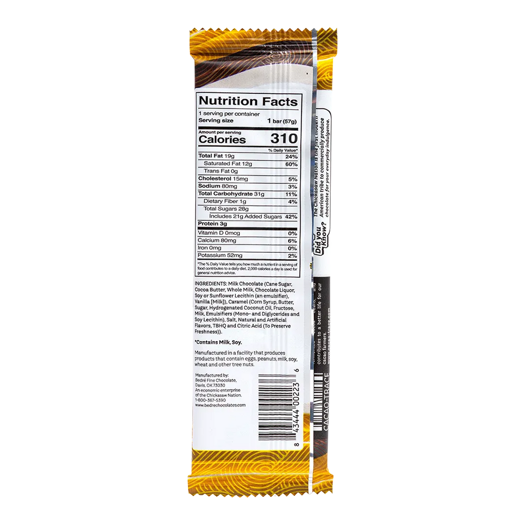 Back of Bedré Fine Chocolate Milk Chocolate Caramel Bar showing nutrition facts
