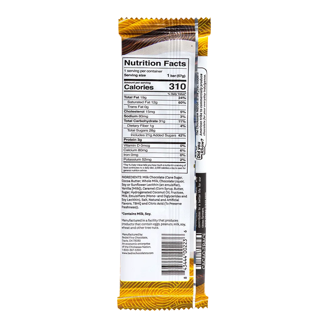 Back of Bedré Fine Chocolate Milk Chocolate Caramel Bar showing nutrition facts