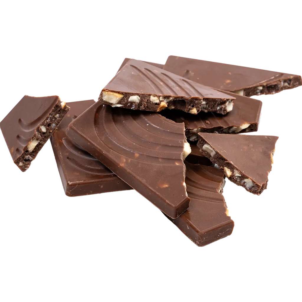 Bedré Fine Chocolate Milk Chocolate Cashew Bark pieces with visible cashews, out of packaging