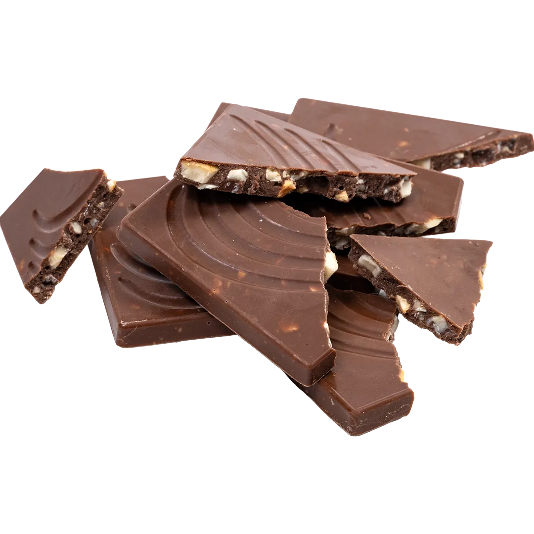 Bedré Fine Chocolate Milk Chocolate Cashew Bark pieces with visible cashews, out of packaging