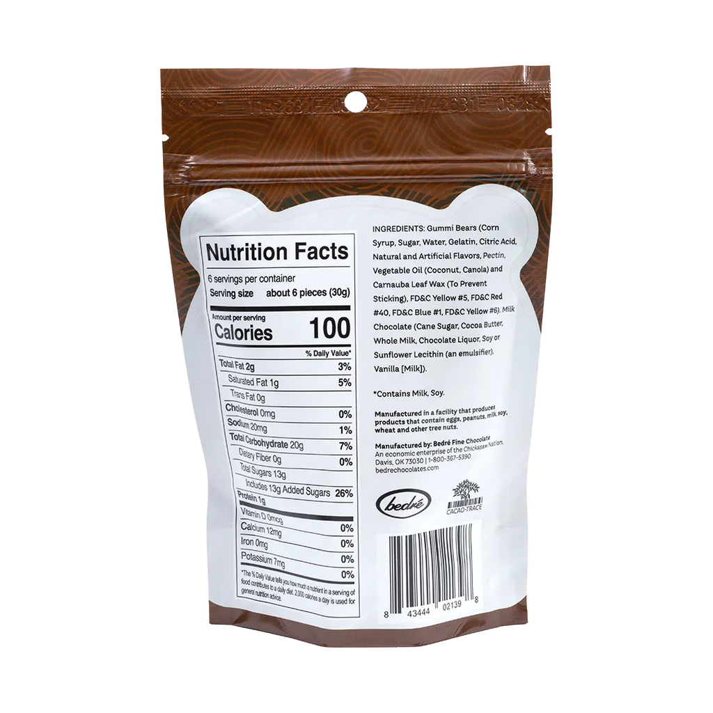 Back of Bedré Fine Chocolate Milk Chocolate-Covered Gummi Bears bag with nutrition facts