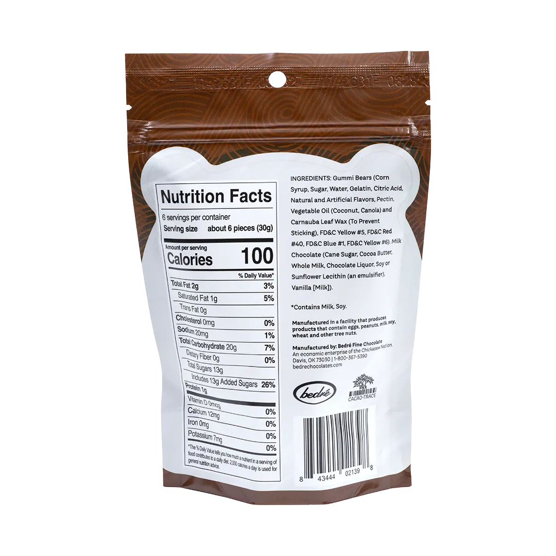Back of Bedré Fine Chocolate Milk Chocolate-Covered Gummi Bears bag with nutrition facts
