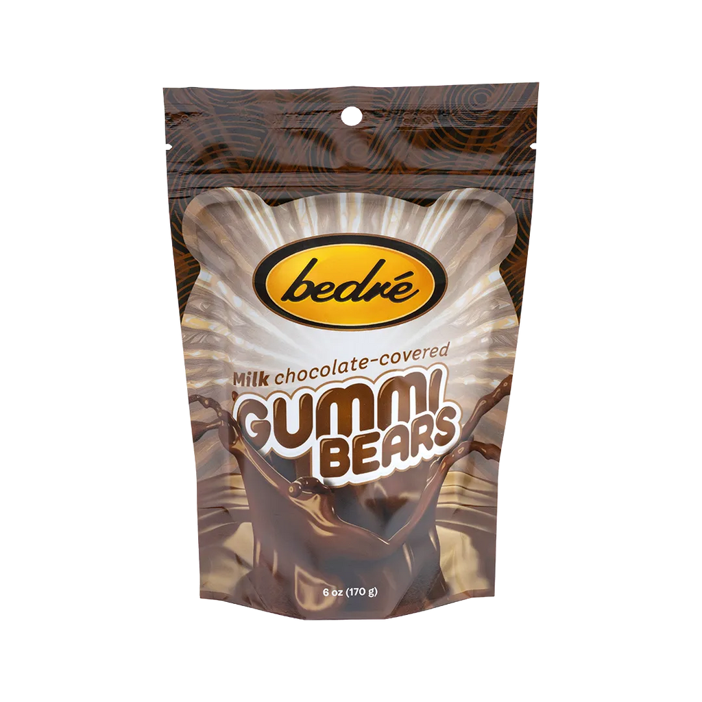 Bedré Fine Chocolate Milk Chocolate-Covered Gummi Bears bag, front label