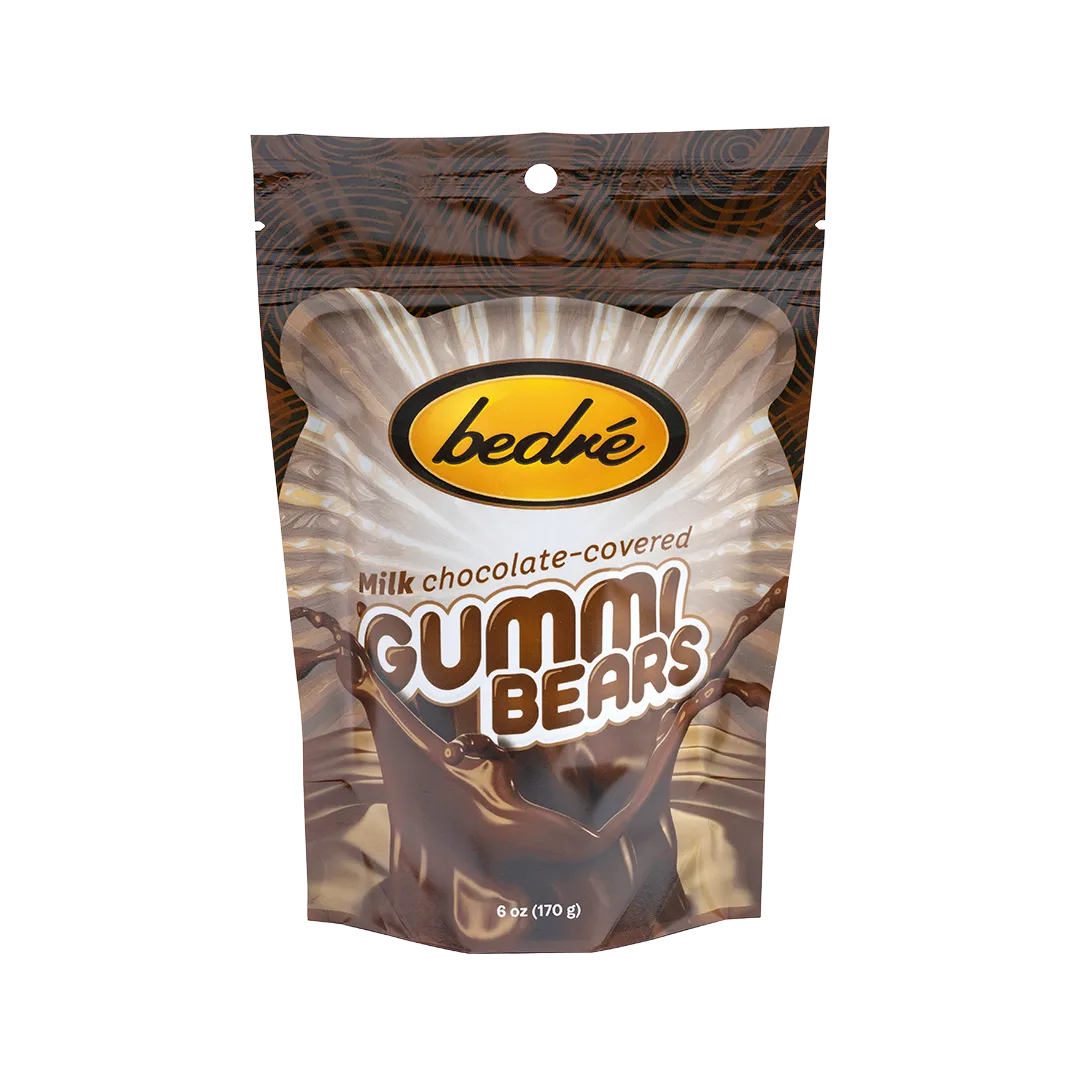 Bedré Fine Chocolate Milk Chocolate-Covered Gummi Bears bag, front label