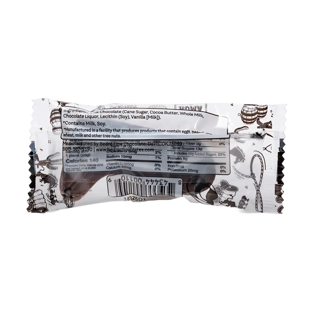 Back of Bedré Fine Chocolate Milk Chocolate Cowboy Boot wrapper showing nutrition facts