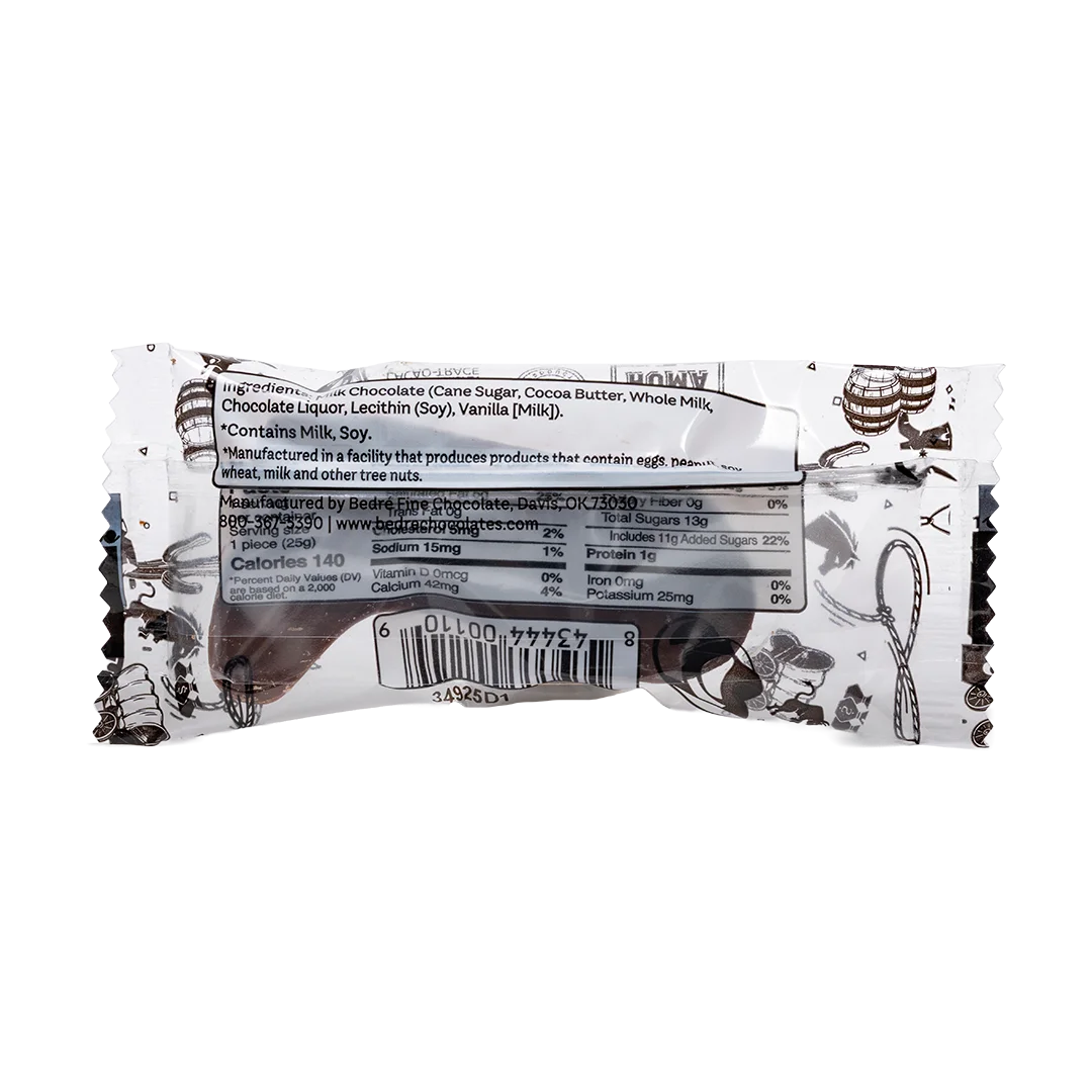 Back of Bedré Fine Chocolate Milk Chocolate Cowboy Boot wrapper showing nutrition facts