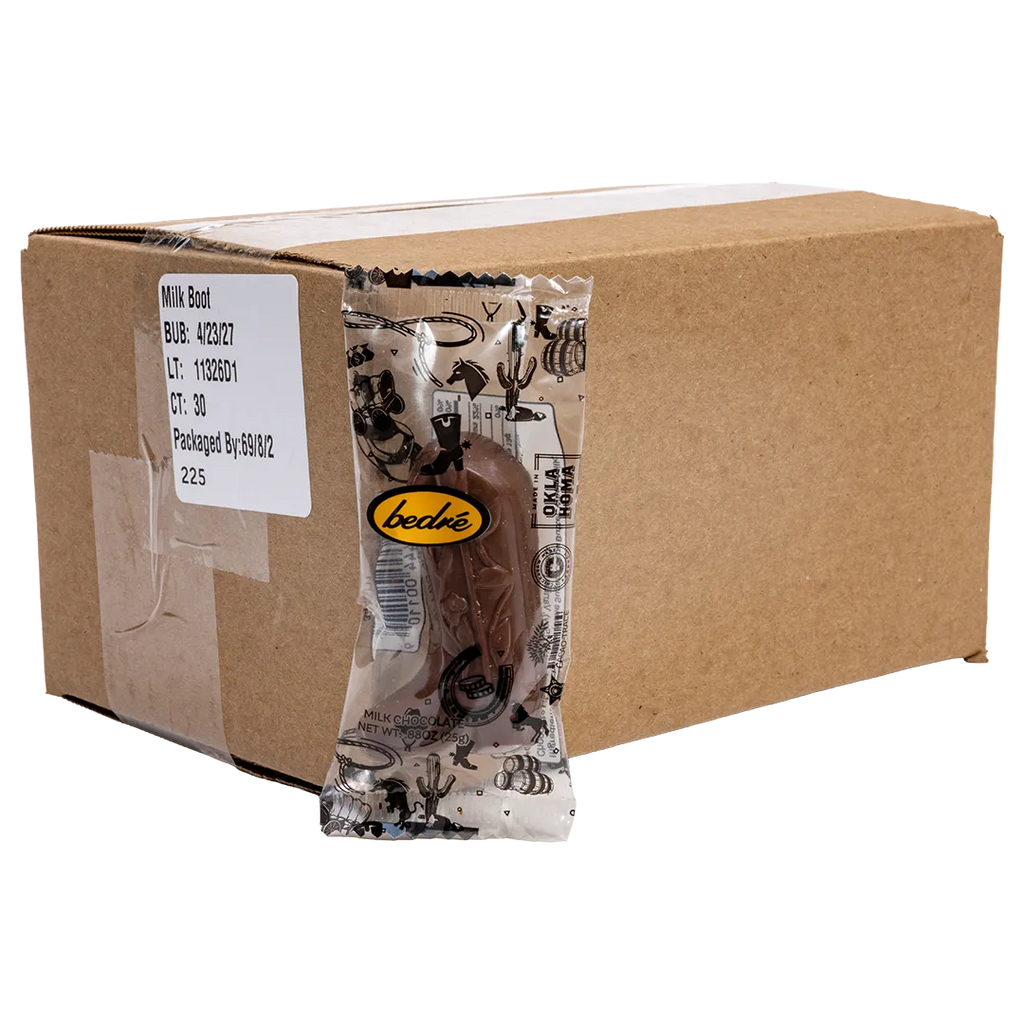 Bedré Fine Chocolate Milk Chocolate Cowboy Boot bulk case of wrapped pieces
