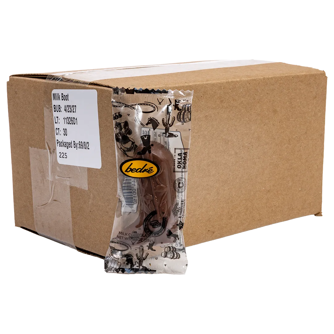 Bedré Fine Chocolate Milk Chocolate Cowboy Boot bulk case of wrapped pieces