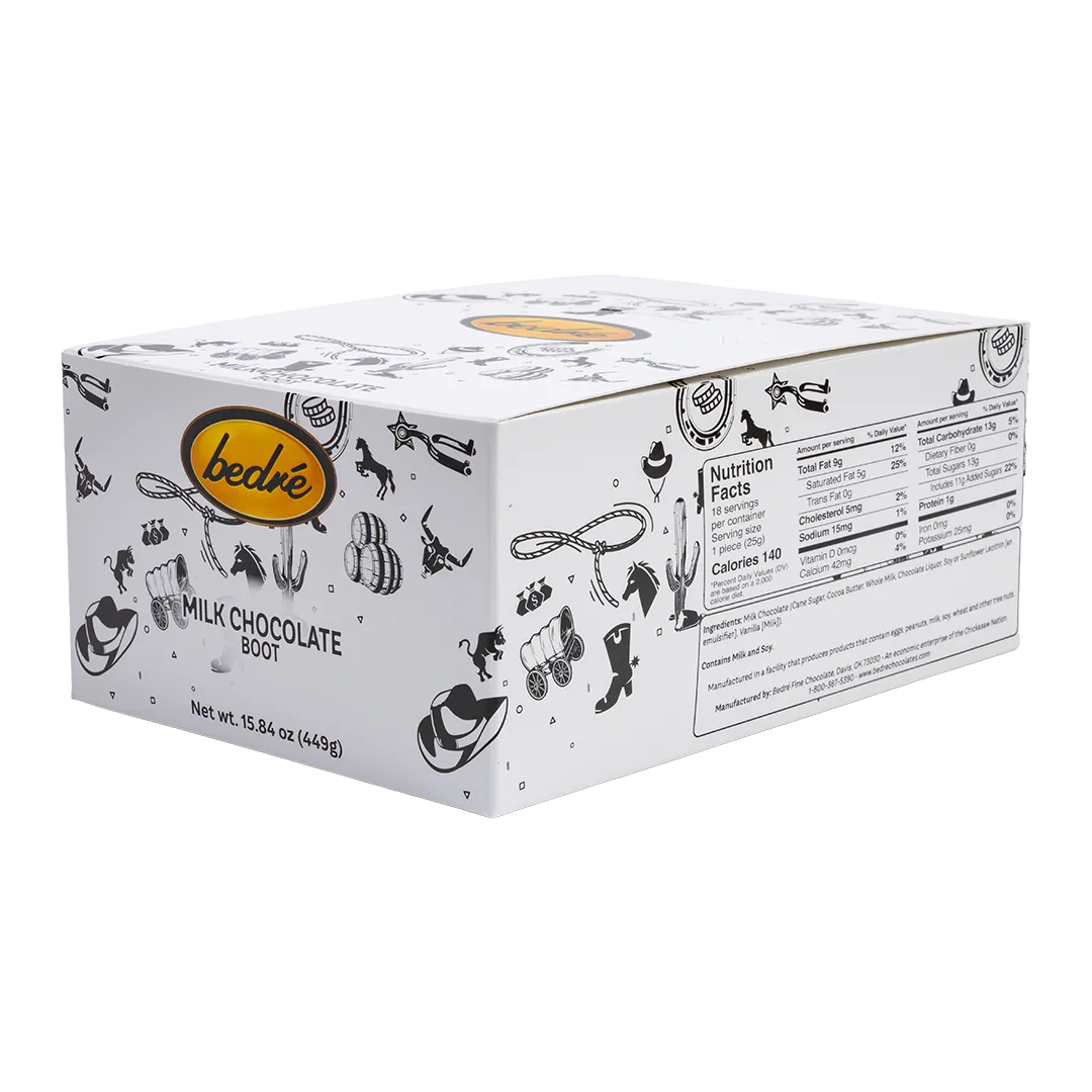 Bedré Fine Chocolate Milk Chocolate Cowboy Boot retail display box