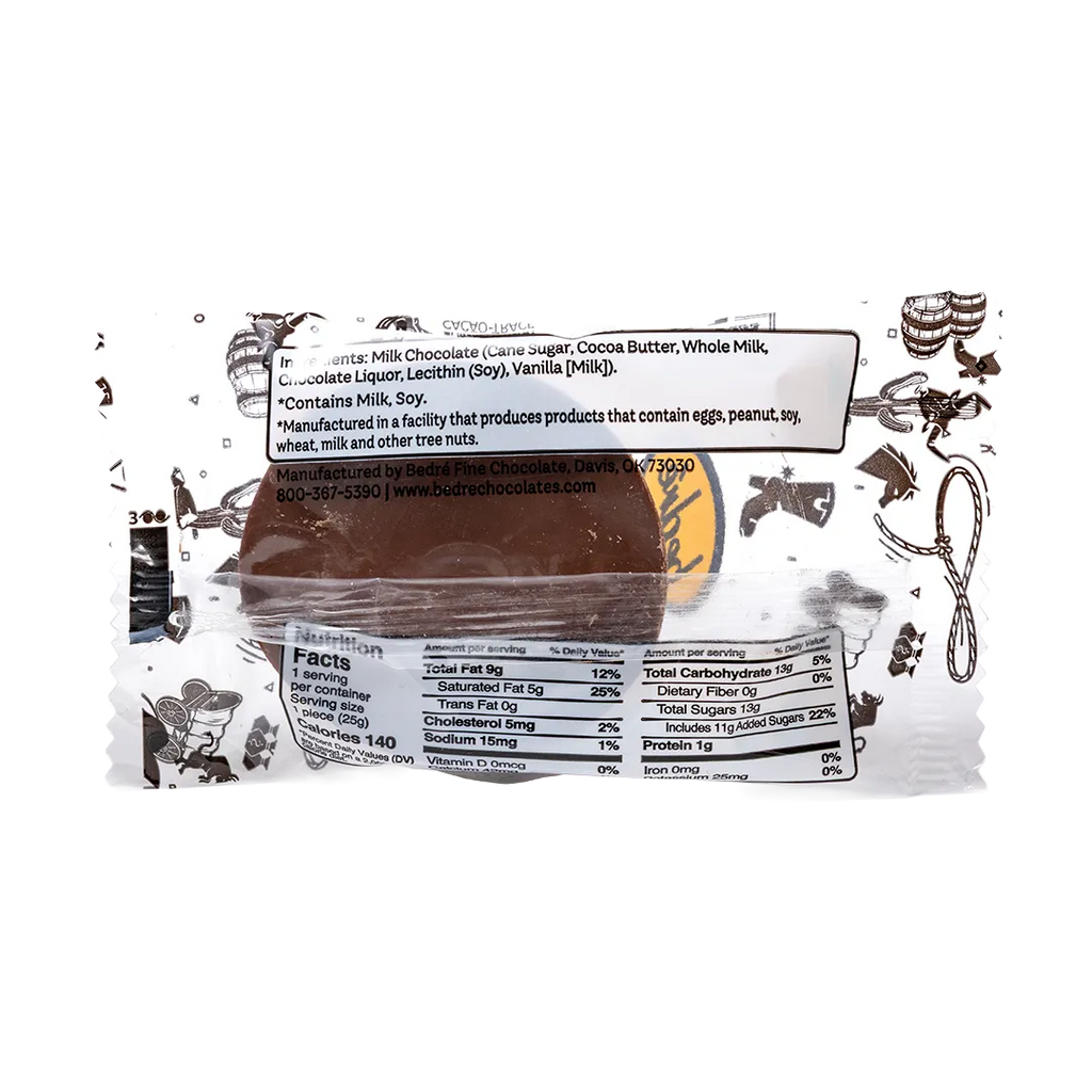Back of Bedré Fine Chocolate Milk Chocolate Cowboy Hat wrapper showing nutrition facts