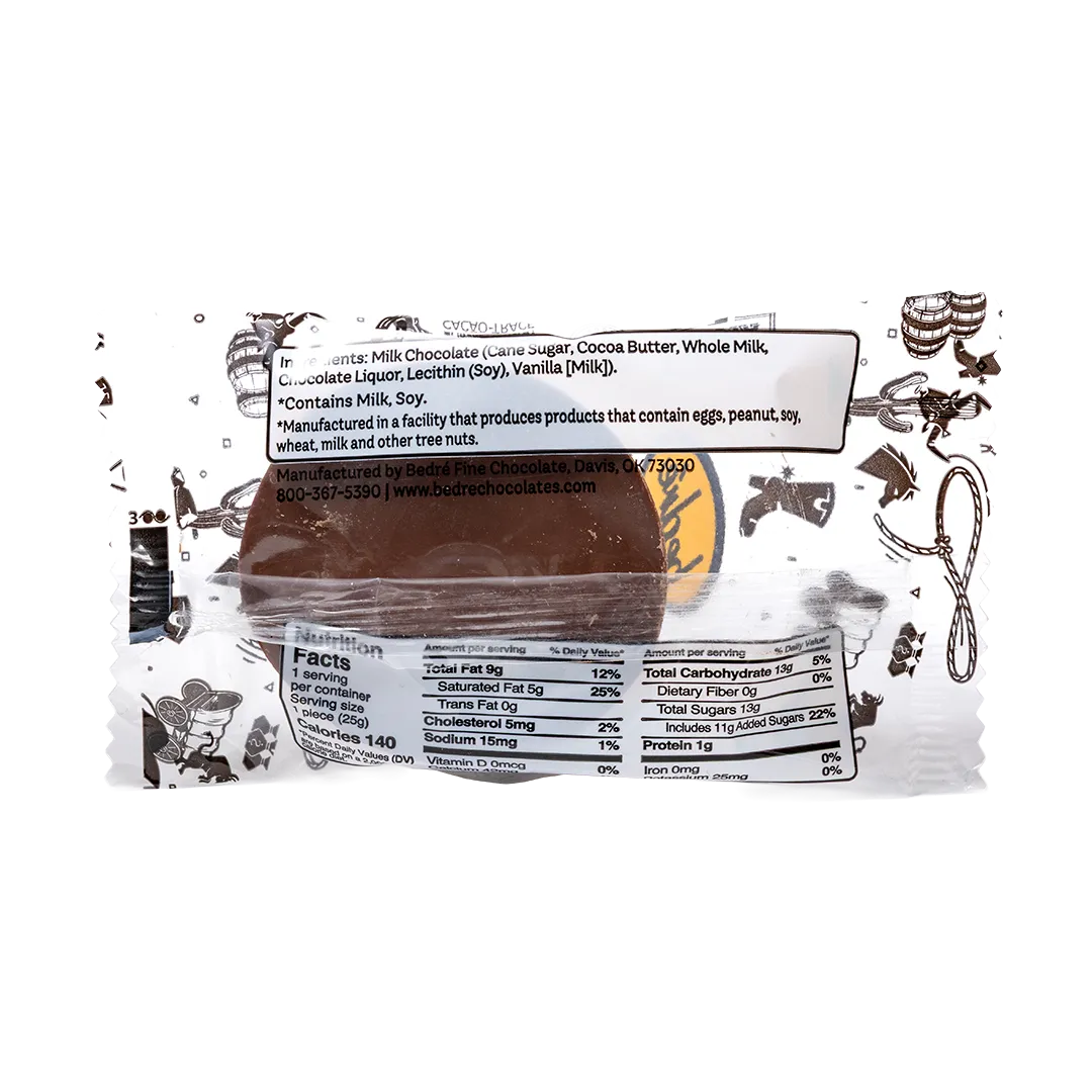 Back of Bedré Fine Chocolate Milk Chocolate Cowboy Hat wrapper showing nutrition facts
