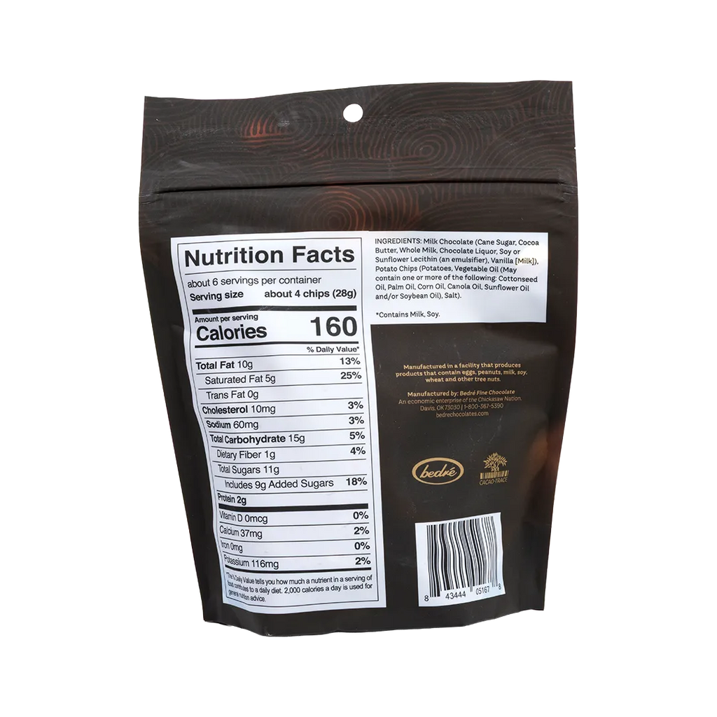 Back of Bedré Fine Chocolate Milk Chocolate-Dipped Potato Chips bag with nutrition facts