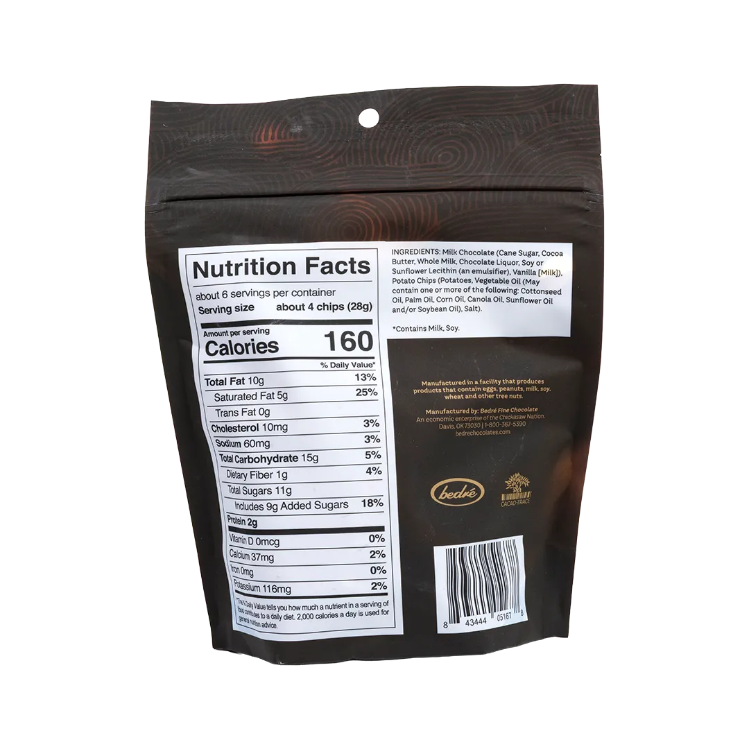 Back of Bedré Fine Chocolate Milk Chocolate-Dipped Potato Chips bag with nutrition facts