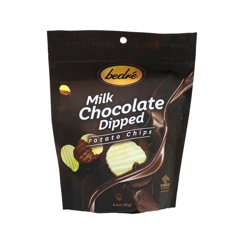 Bedré Fine Chocolate Milk Chocolate-Dipped Potato Chips pouch, front label