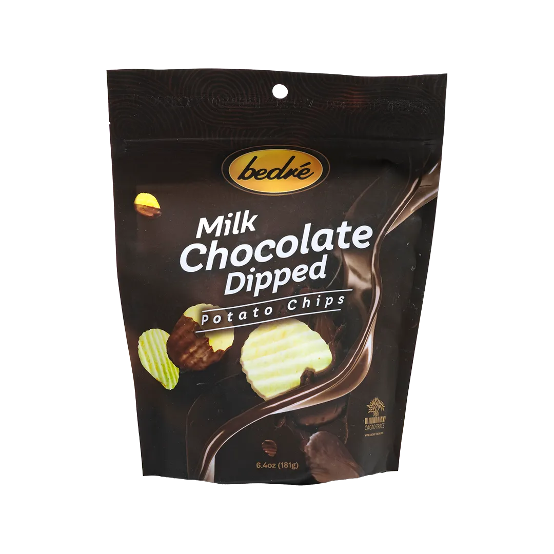 Bedré Fine Chocolate Milk Chocolate-Dipped Potato Chips pouch, front label