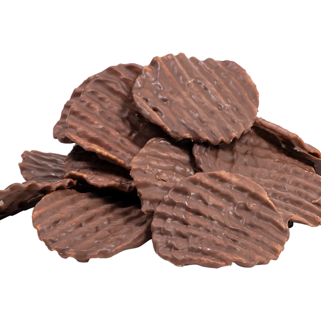 Bedré Fine Chocolate milk chocolate-dipped potato chips piled out of the bag