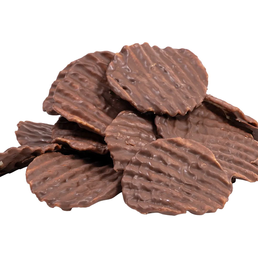 Bedré Fine Chocolate milk chocolate-dipped potato chips piled out of the bag