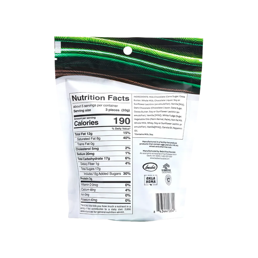 Bedré Milk Chocolate Mint Melts bag back with nutrition facts and ingredients