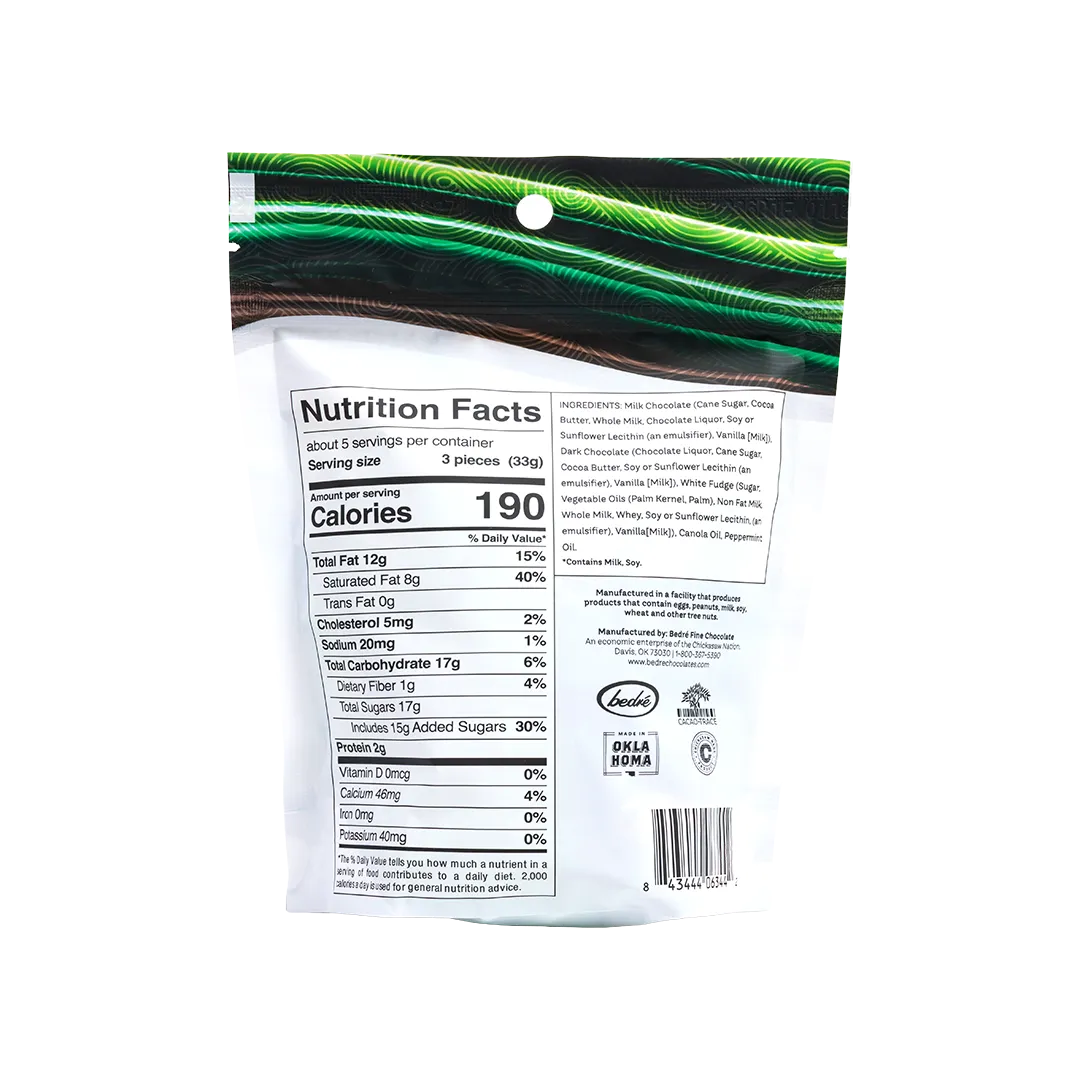 Bedré Milk Chocolate Mint Melts bag back with nutrition facts and ingredients