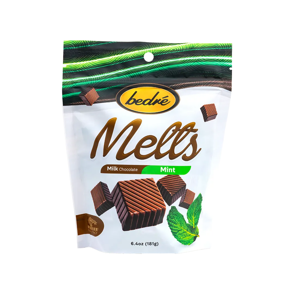 Bedré Fine Chocolate Milk Chocolate Mint Melts bag, 6.4oz pouch front view