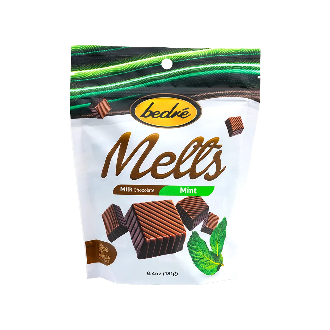 Bedré Fine Chocolate Milk Chocolate Mint Melts bag, 6.4oz pouch front view
