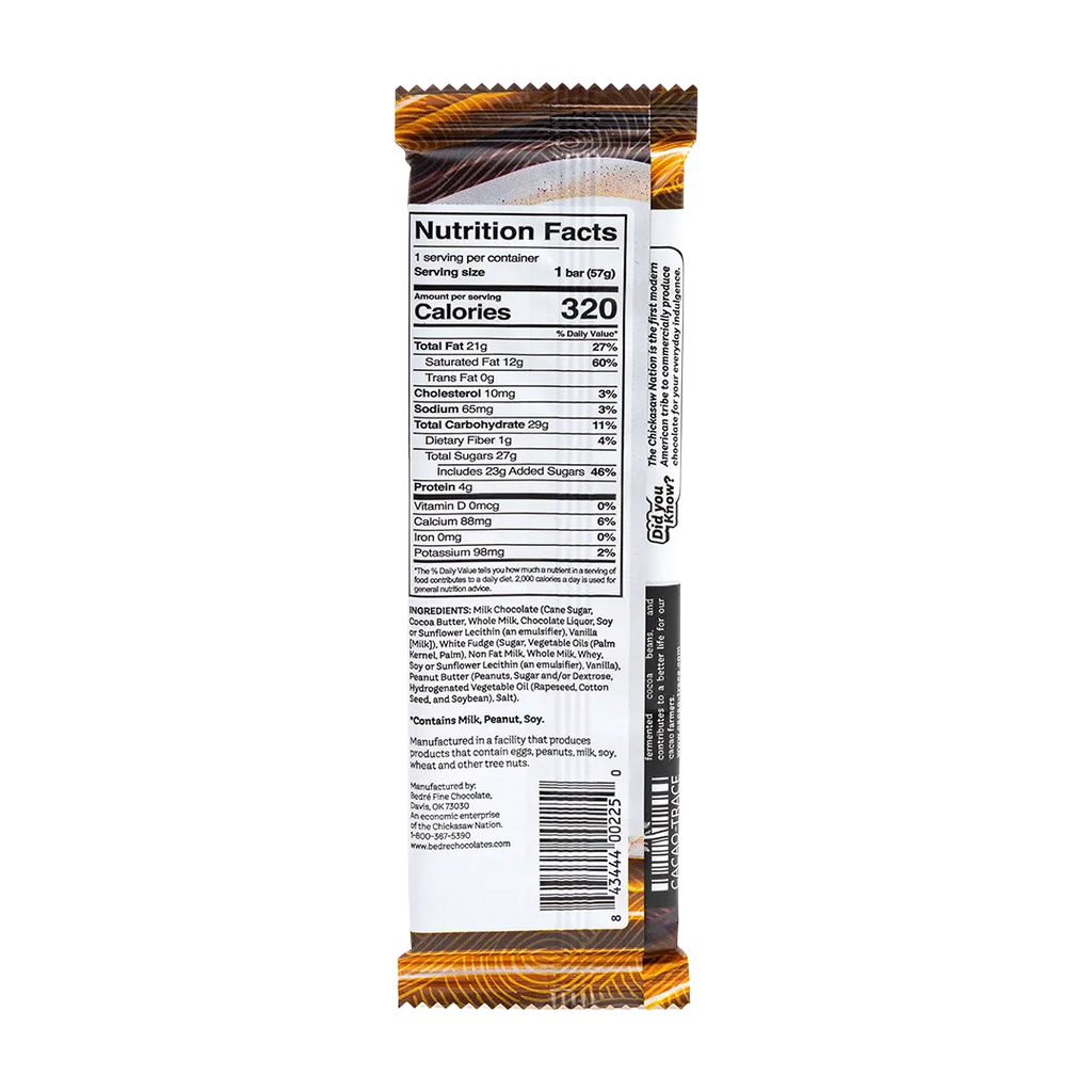 Back of Bedré Fine Chocolate Milk Chocolate Peanut Butter Bar showing nutrition facts
