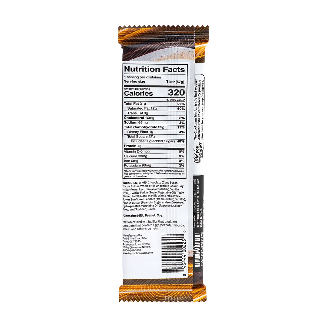 Back of Bedré Fine Chocolate Milk Chocolate Peanut Butter Bar showing nutrition facts