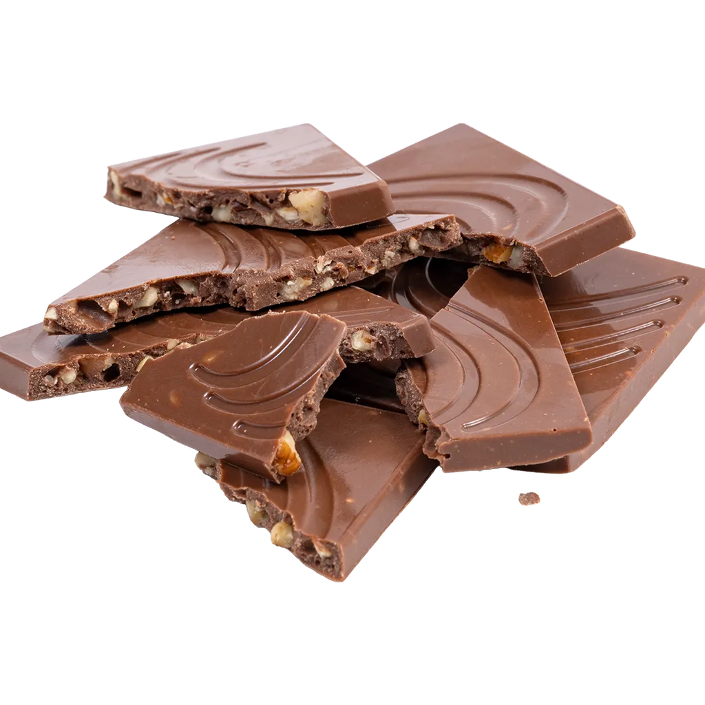 Bedré Fine Chocolate Milk Chocolate Pecan Bark pieces with pecans, out of packaging