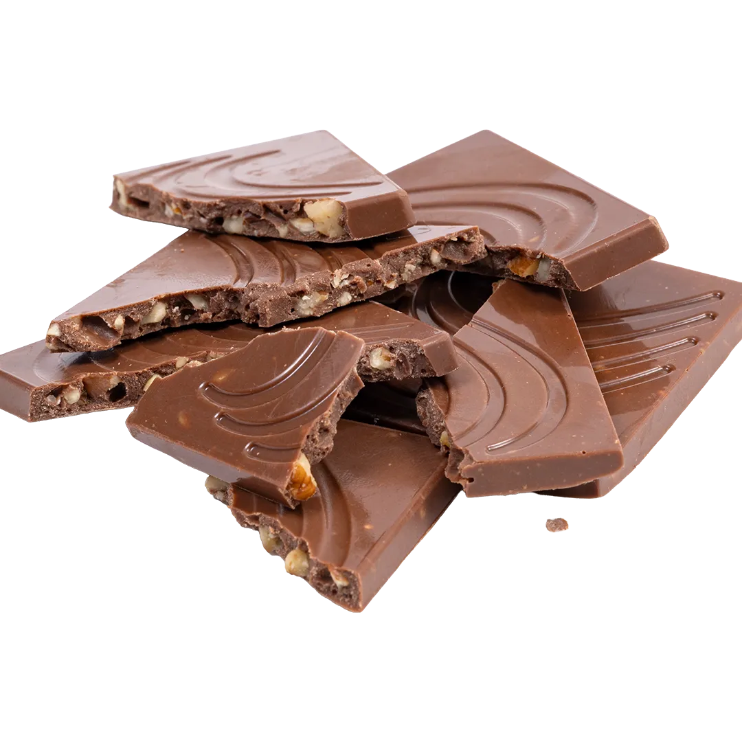 Bedré Fine Chocolate Milk Chocolate Pecan Bark pieces with pecans, out of packaging
