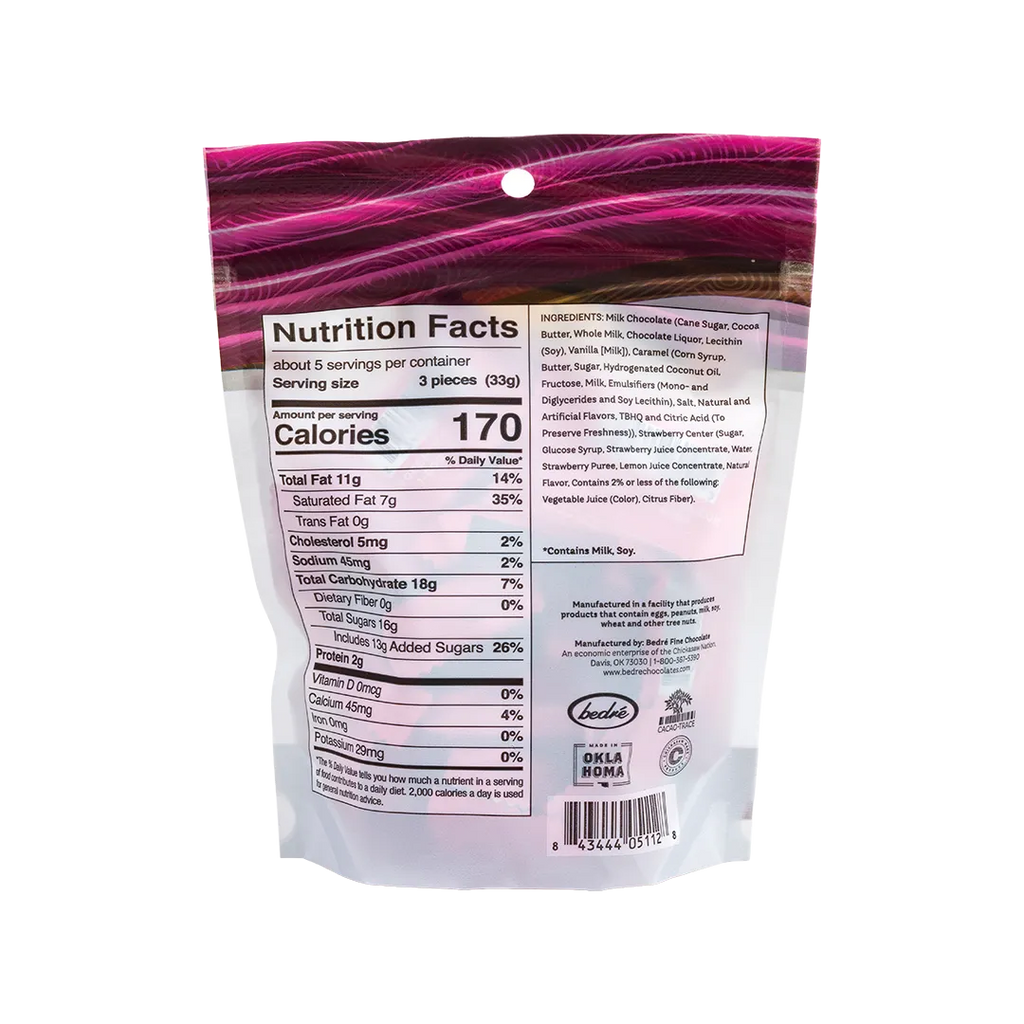 Bedré Milk Chocolate Strawberry Melts bag back with nutrition facts and ingredients