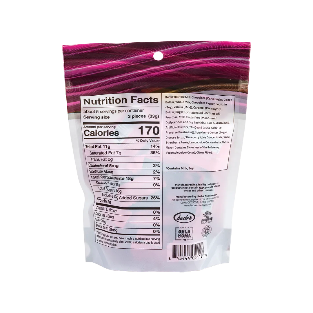 Bedré Milk Chocolate Strawberry Melts bag back with nutrition facts and ingredients