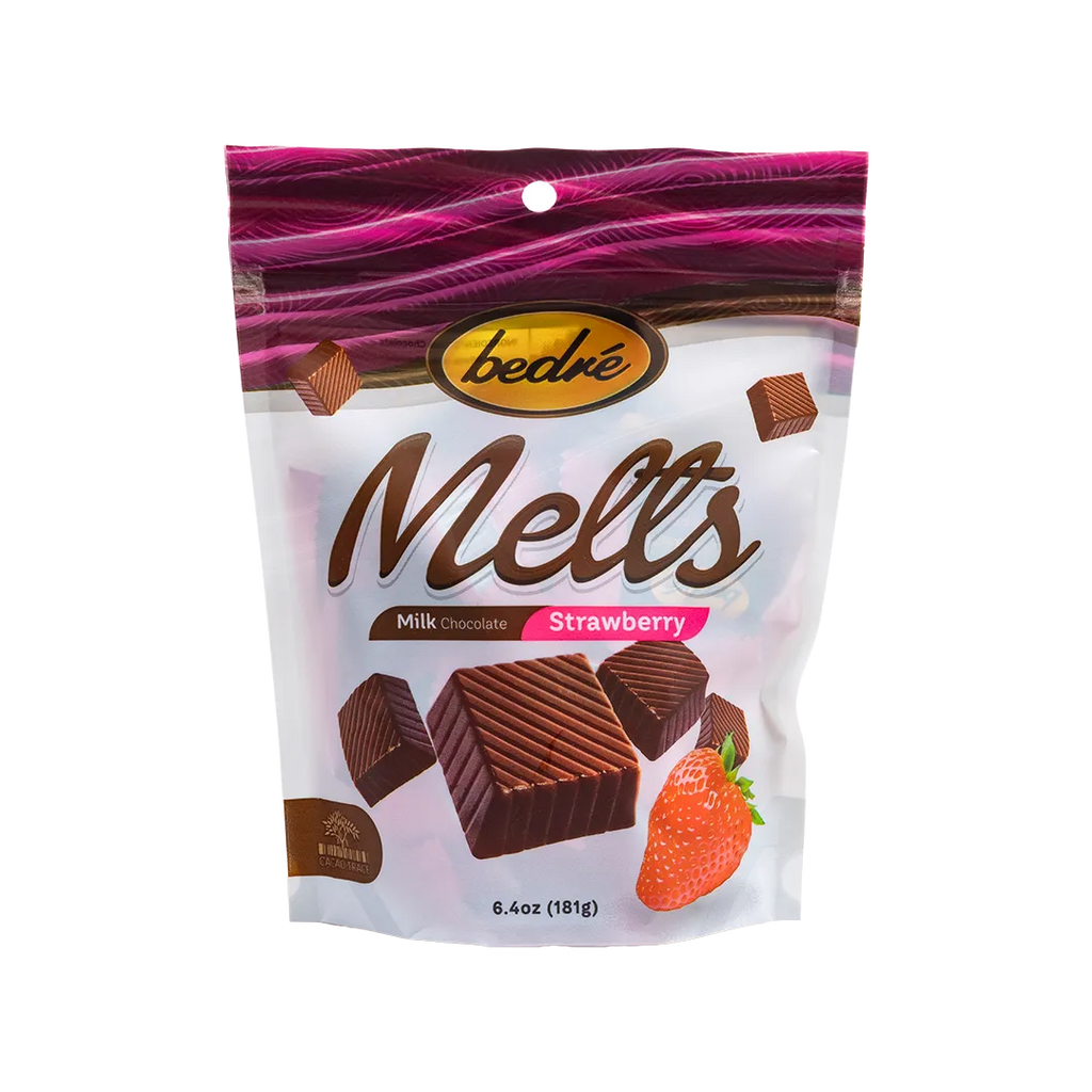 Bedré Fine Chocolate Milk Chocolate Strawberry Melts bag, 6.4oz pouch front