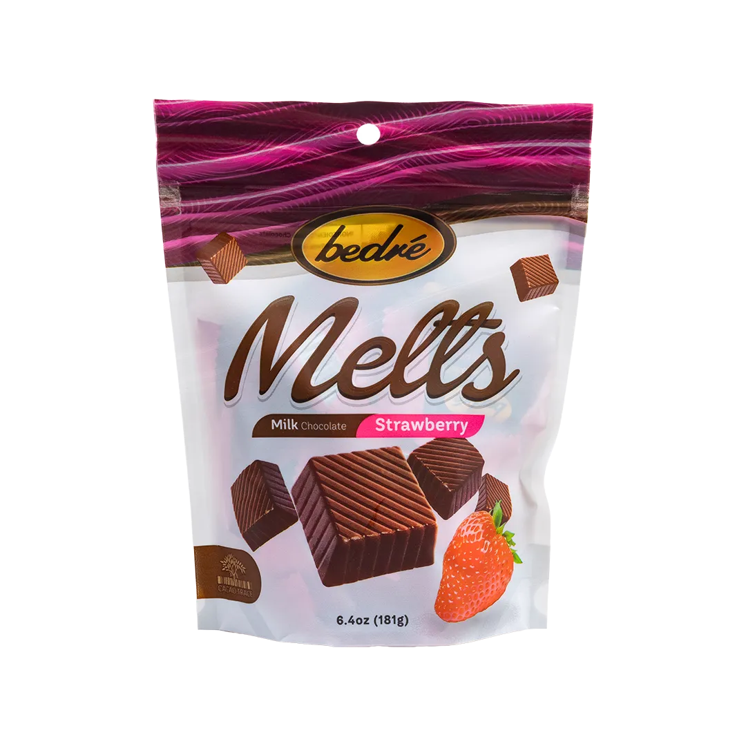 Bedré Fine Chocolate Milk Chocolate Strawberry Melts bag, 6.4oz pouch front