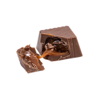 Bedré Milk Chocolate Strawberry Melts piece broken open showing strawberry caramel filling