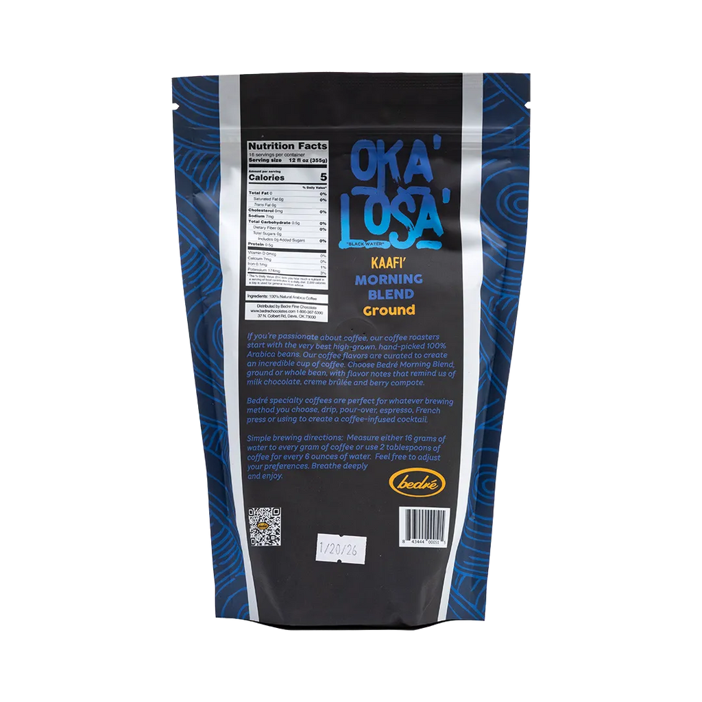 Bedré Fine Chocolate Morning Blend coffee bag back with nutrition facts and brew directions
