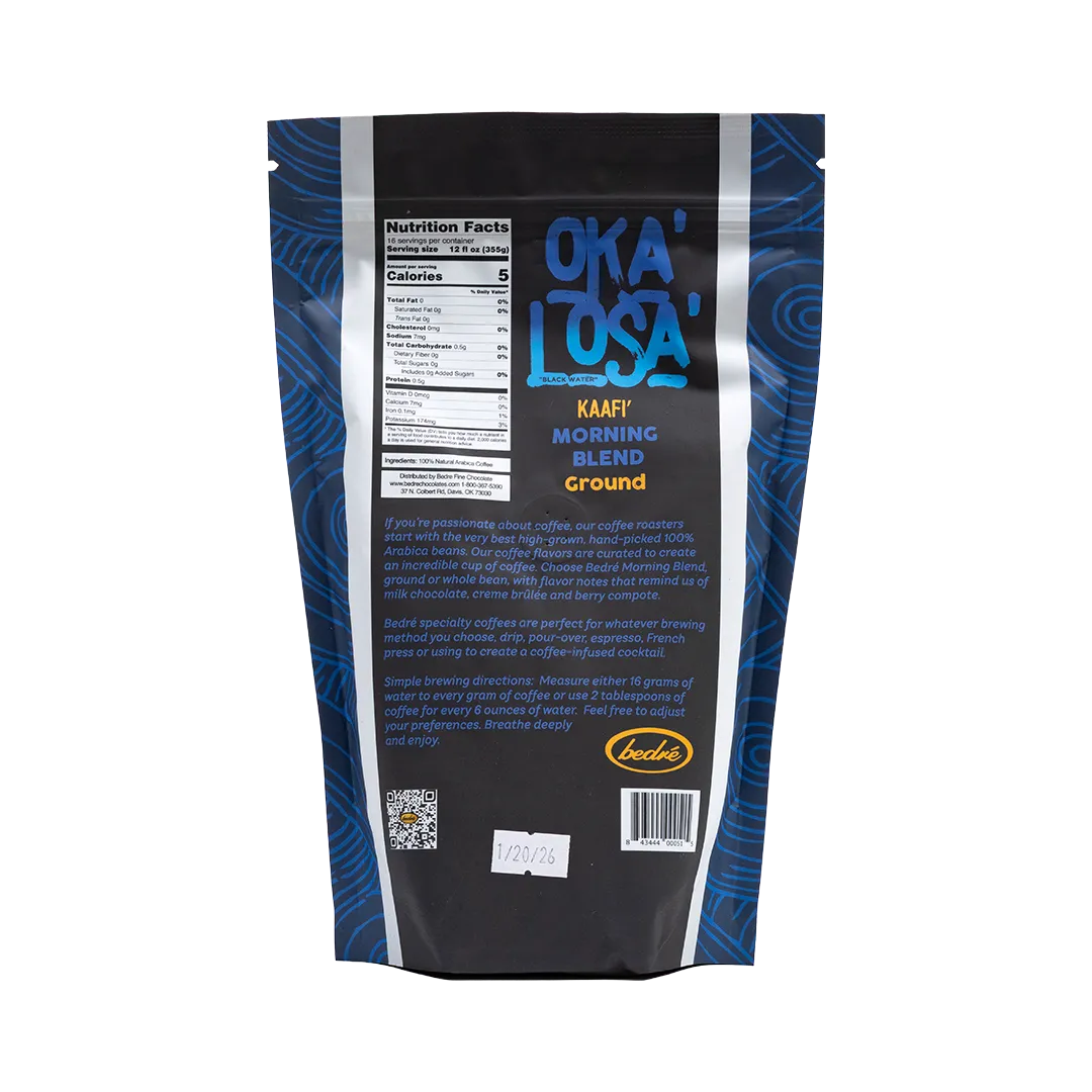 Bedré Fine Chocolate Morning Blend coffee bag back with nutrition facts and brew directions