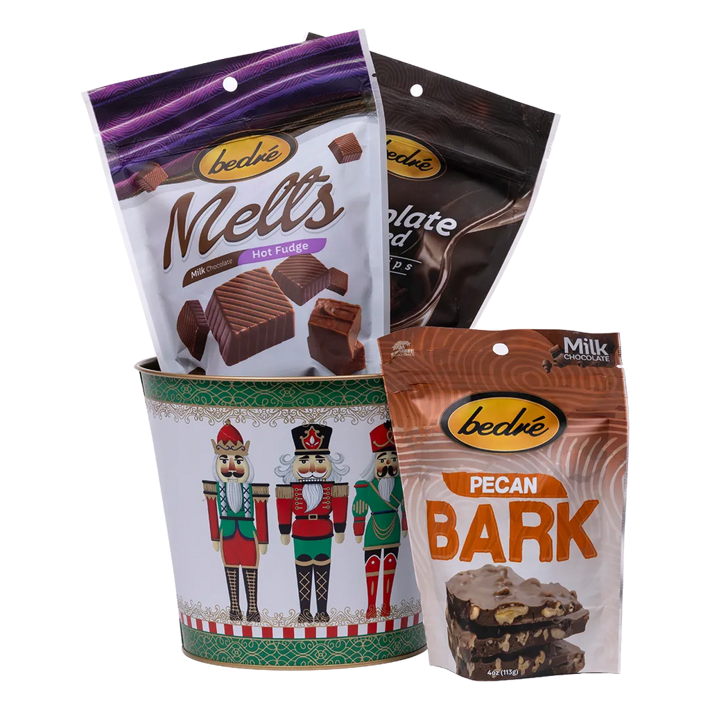 Bedré Fine Chocolate Nutcracker Three tin (medium) with Milk Chocolate-Covered Gummi Bears and Corn Twists pouches