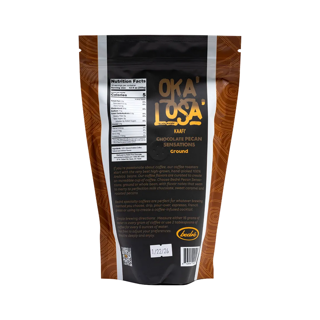 Bedré Fine Chocolate Chocolate Pecan Sensations coffee bag back with ingredients and brew instructions
