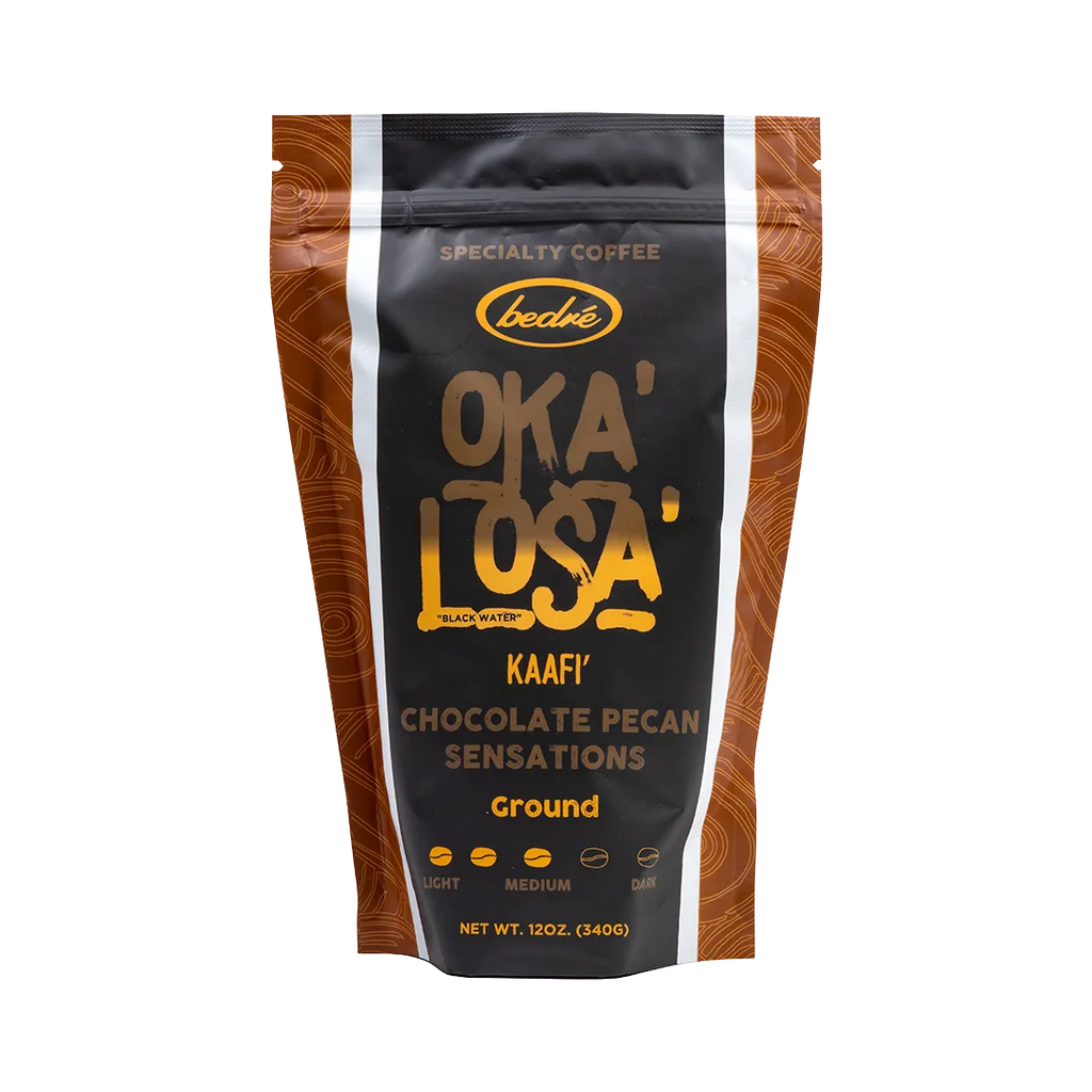 Bedré Fine Chocolate Oka'Losa Chocolate Pecan Sensations ground coffee bag