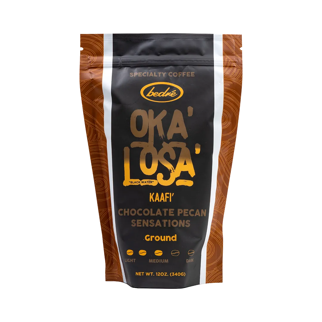 Bedré Fine Chocolate Oka'Losa Chocolate Pecan Sensations ground coffee bag