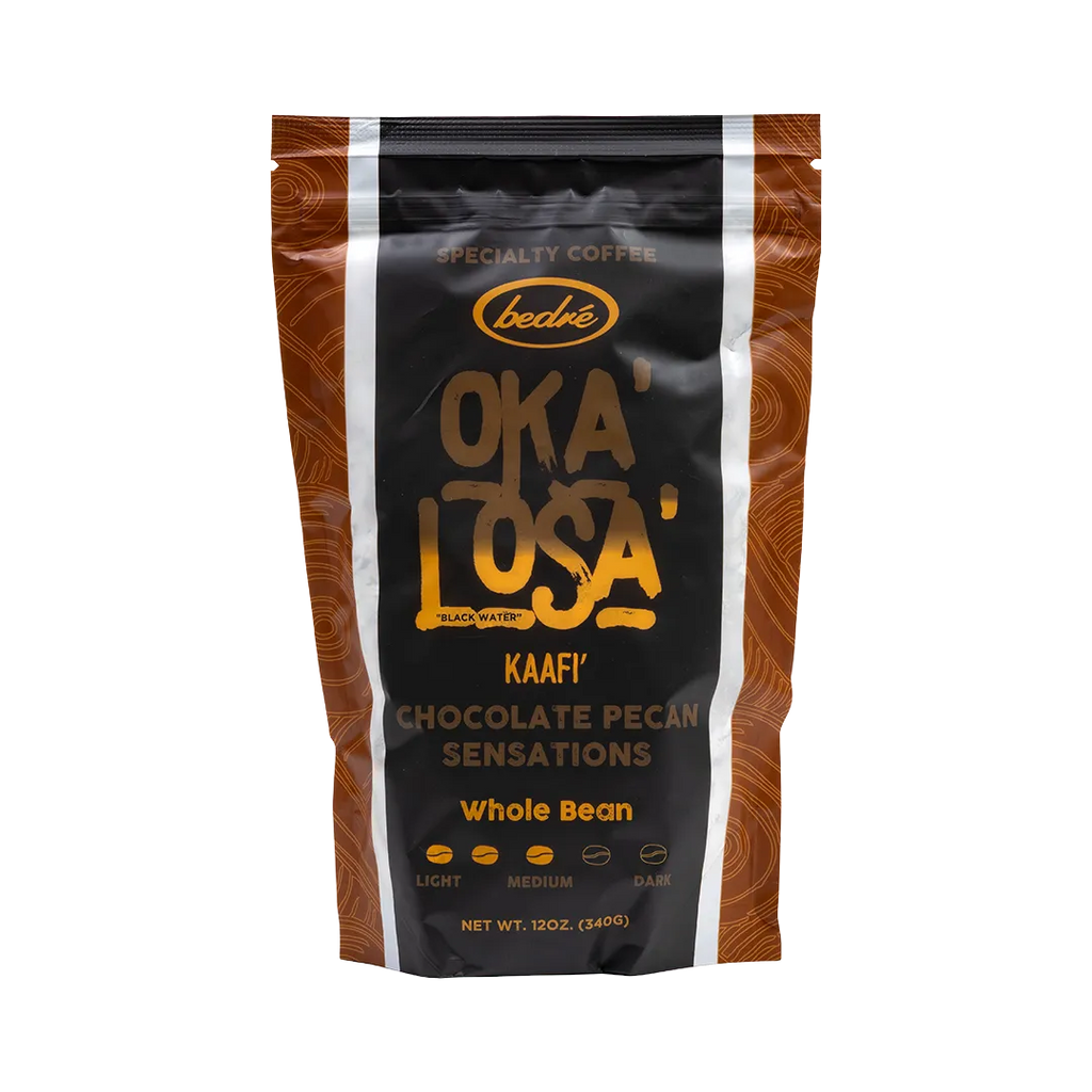 Bedré Fine Chocolate Oka'Losa Chocolate Pecan Sensations whole bean coffee bag