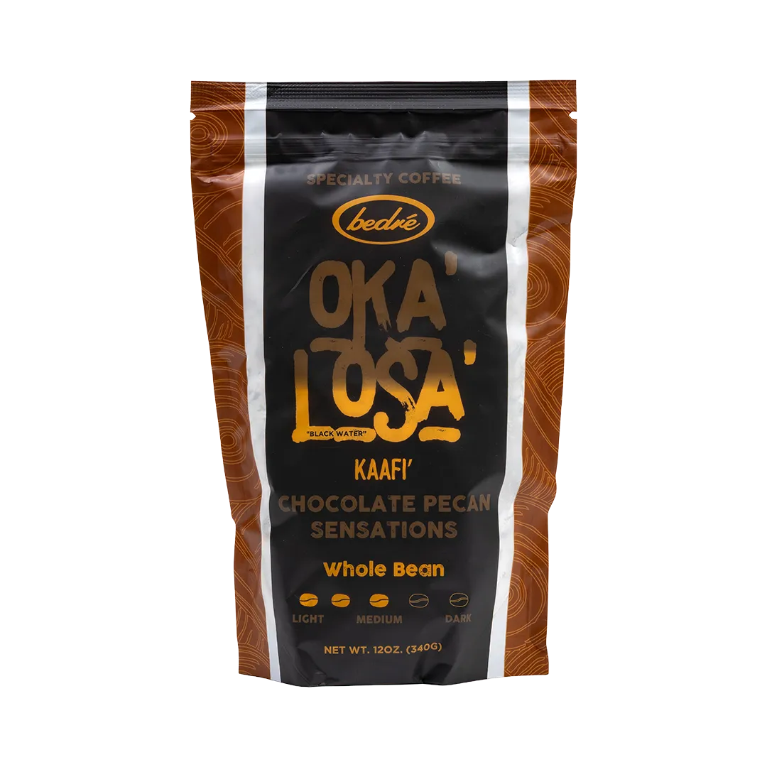 Bedré Fine Chocolate Oka'Losa Chocolate Pecan Sensations whole bean coffee bag