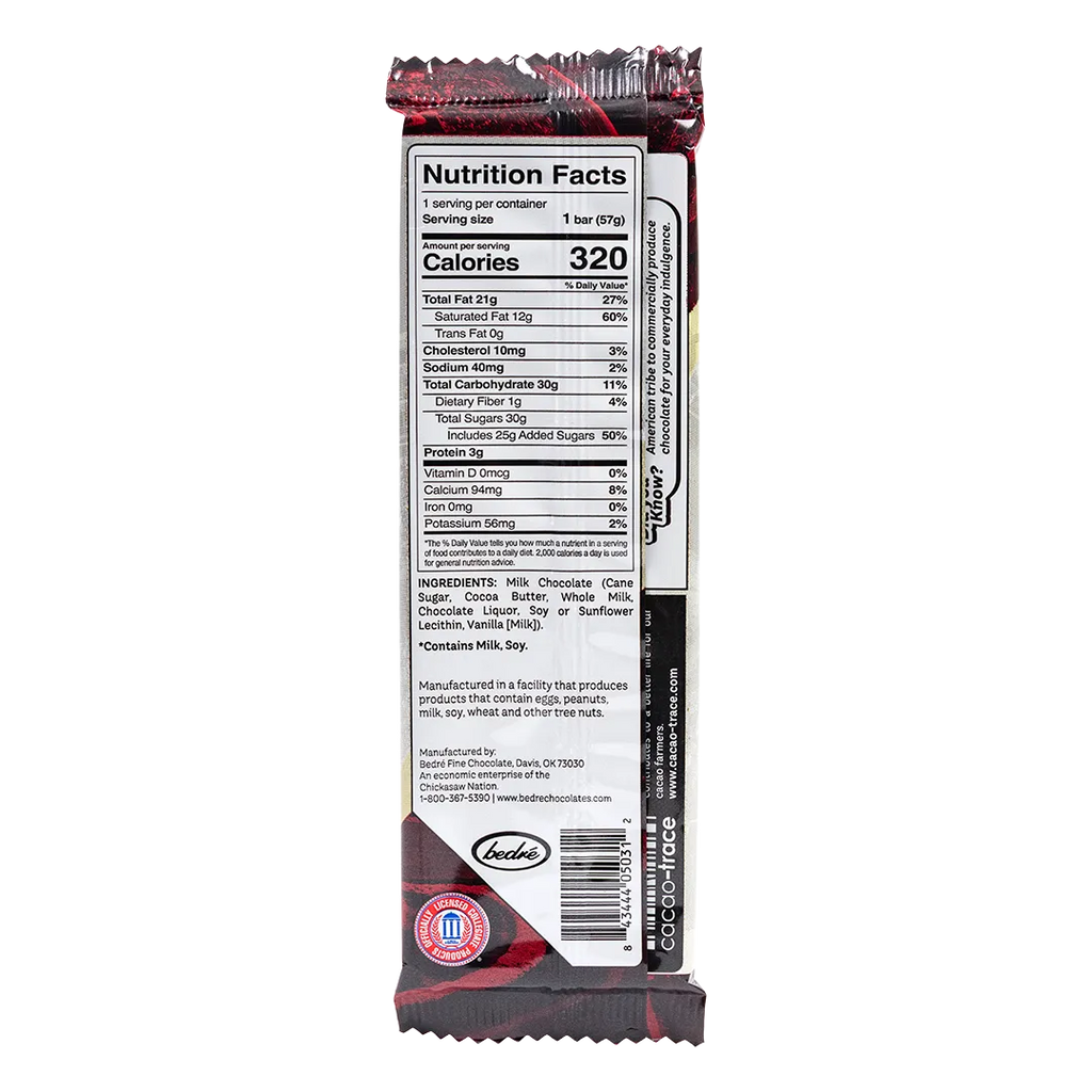 Bedré Fine Chocolate OU Bar back label showing nutrition facts and ingredients, University of Oklahoma milk chocolate bar