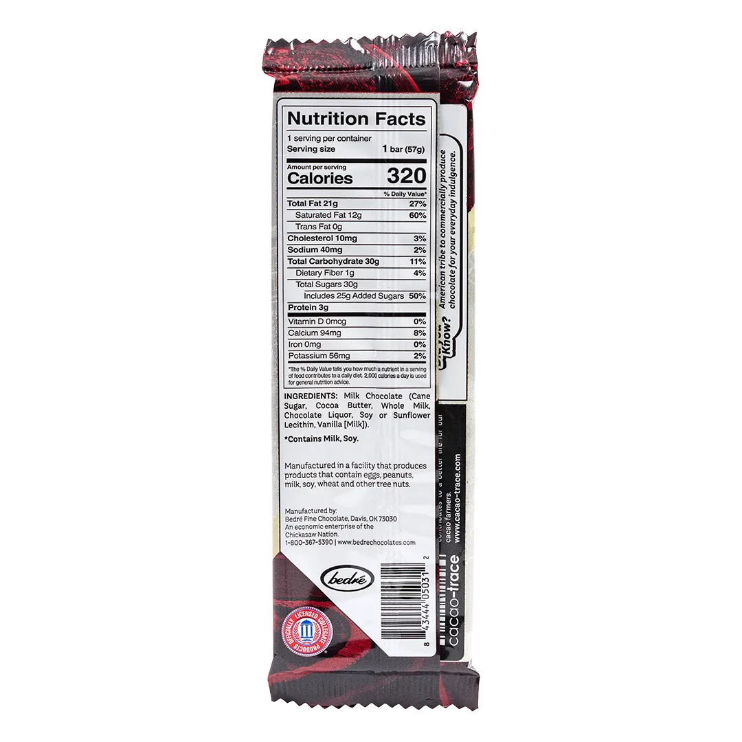 Bedré Fine Chocolate OU Bar back label showing nutrition facts and ingredients, University of Oklahoma milk chocolate bar