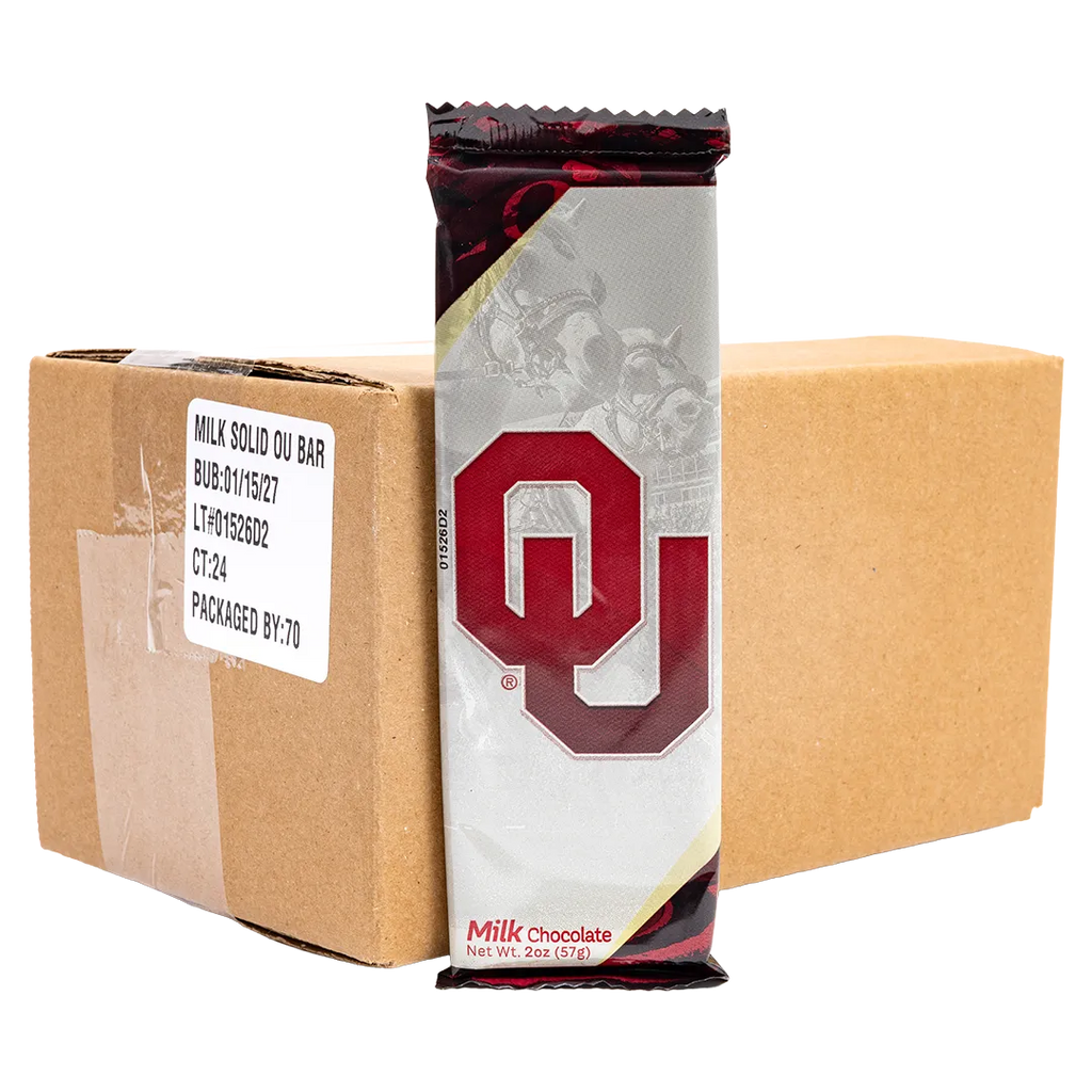 Bedré Fine Chocolate OU Bar 24-count bulk case with University of Oklahoma branded bar in front