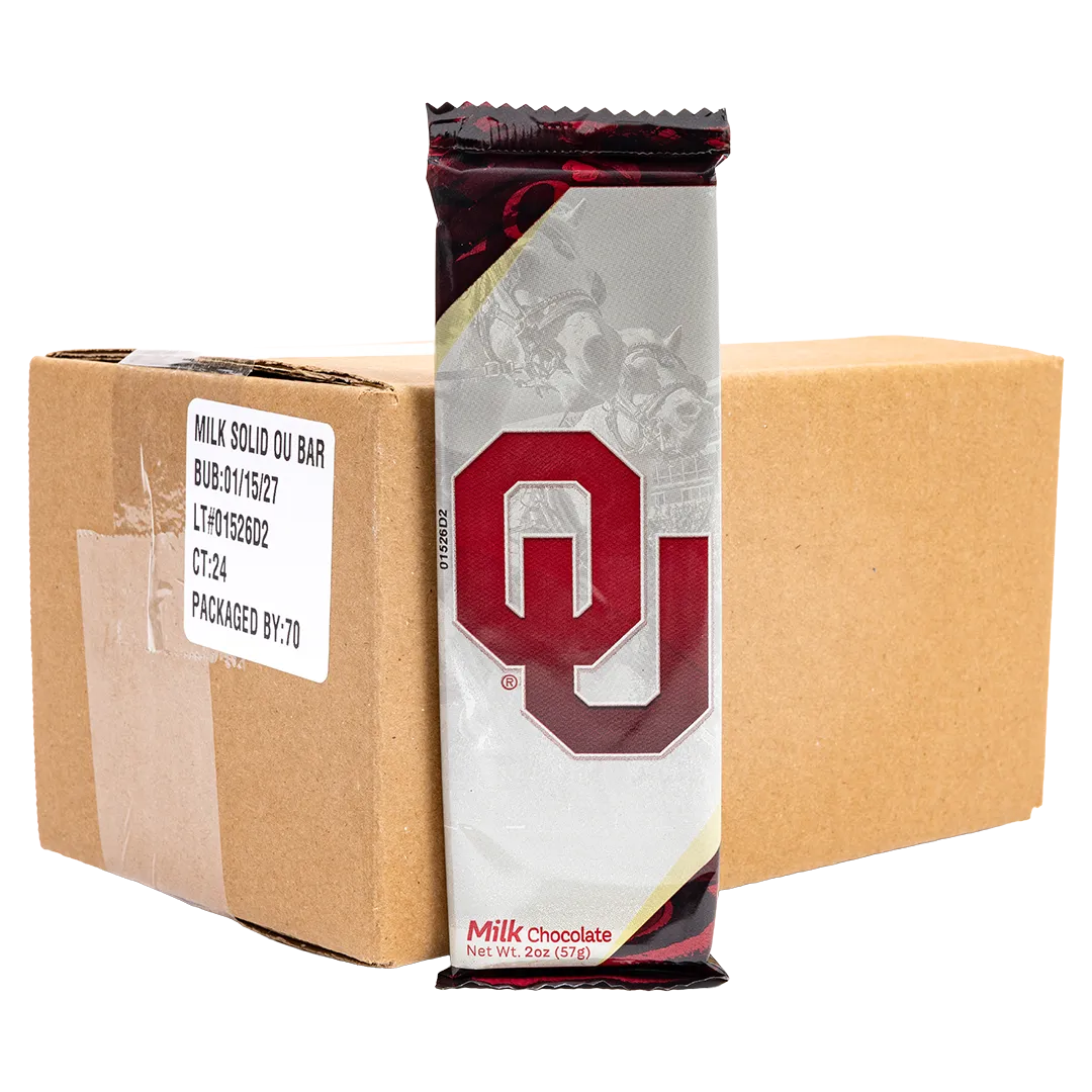 Bedré Fine Chocolate OU Bar 24-count bulk case with University of Oklahoma branded bar in front