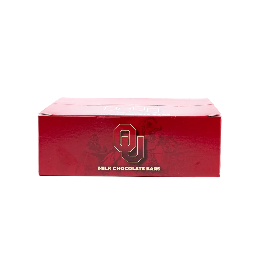 Bedré Fine Chocolate OU Bar retail display box, University of Oklahoma branding