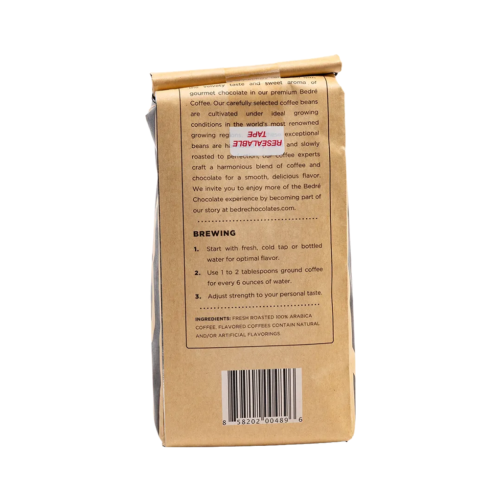 Bedré Fine Chocolate Premium Milk Chocolate coffee bag back with brewing directions and ingredients